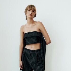 NWT ZARA Black Pin Stipe Multi-Positional Tie Crop Top